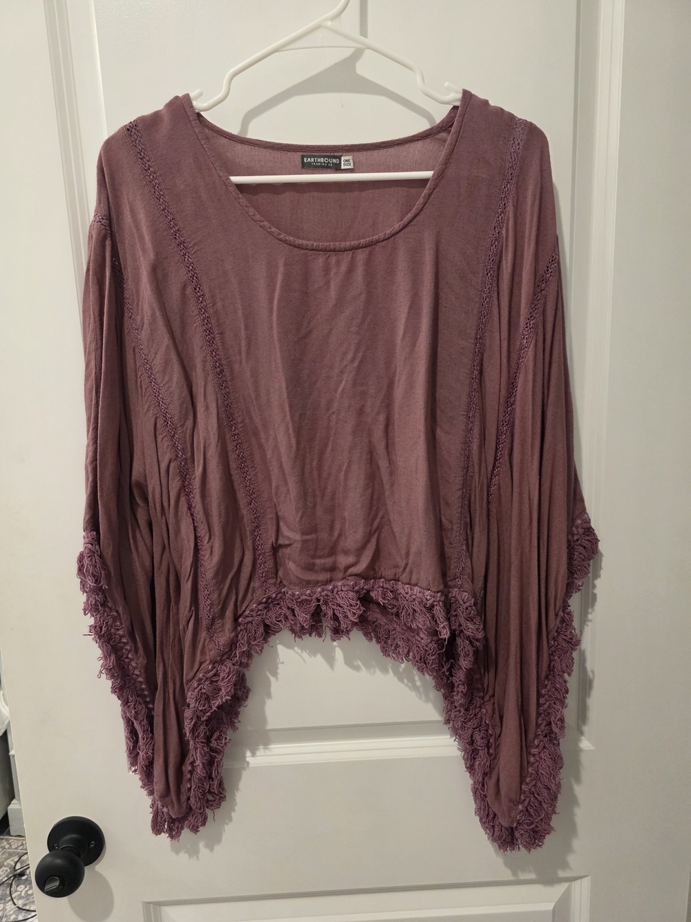 EARTHBOUND Dusty Mauve Fringe Poncho Sweater